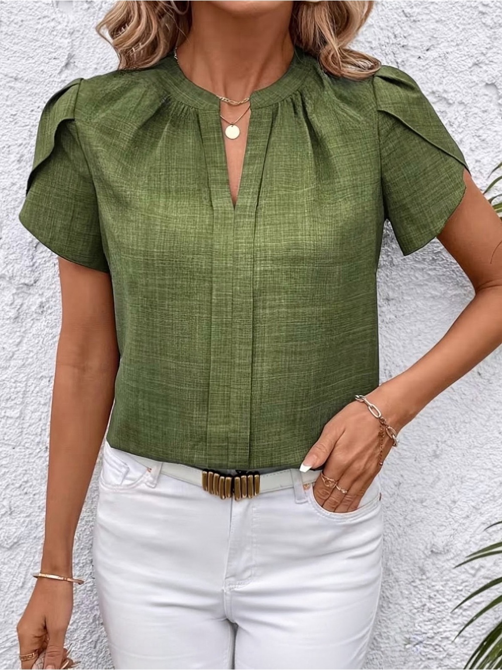 Women’s Olive Green Split-Neck Short Sleeve Blouse